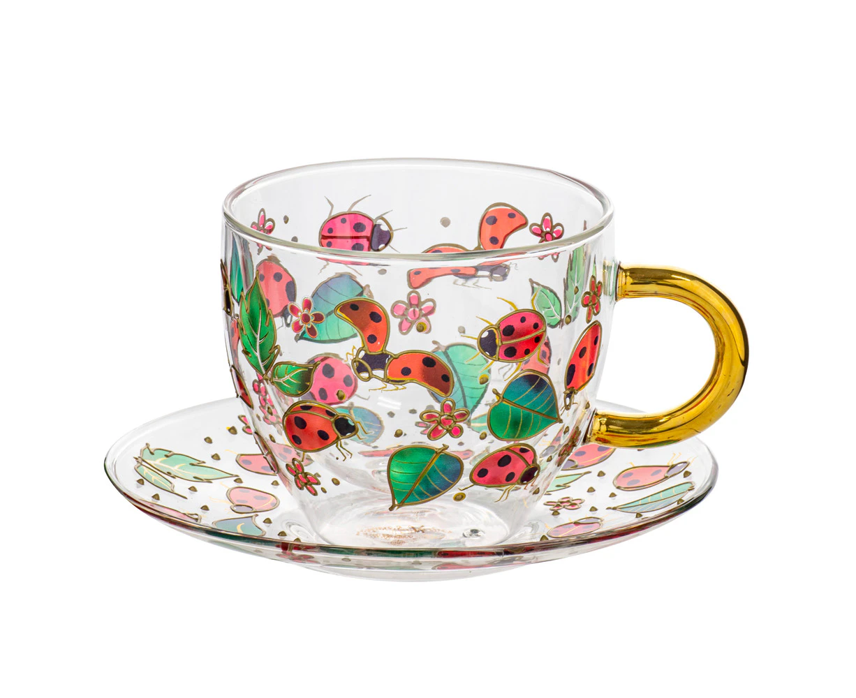 Ashdene Natures Keepers Double Walled 350ml Glass Tea Cup Mug & Saucer Ladybug