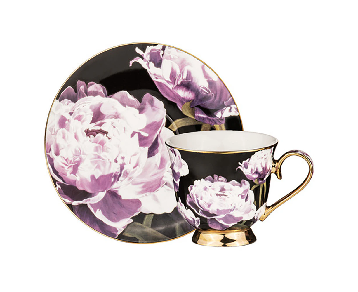 5pc Ashdene Dark Florals Peony Teapot w/ Stainless Steel Infuser & Teacup Set