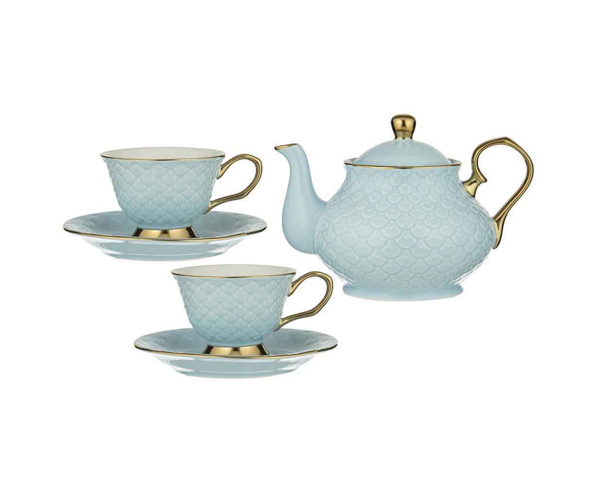 Ashdene New Bone China Ripple Teapot & 2 Teacup Set Coffee/Tea Powder Blue