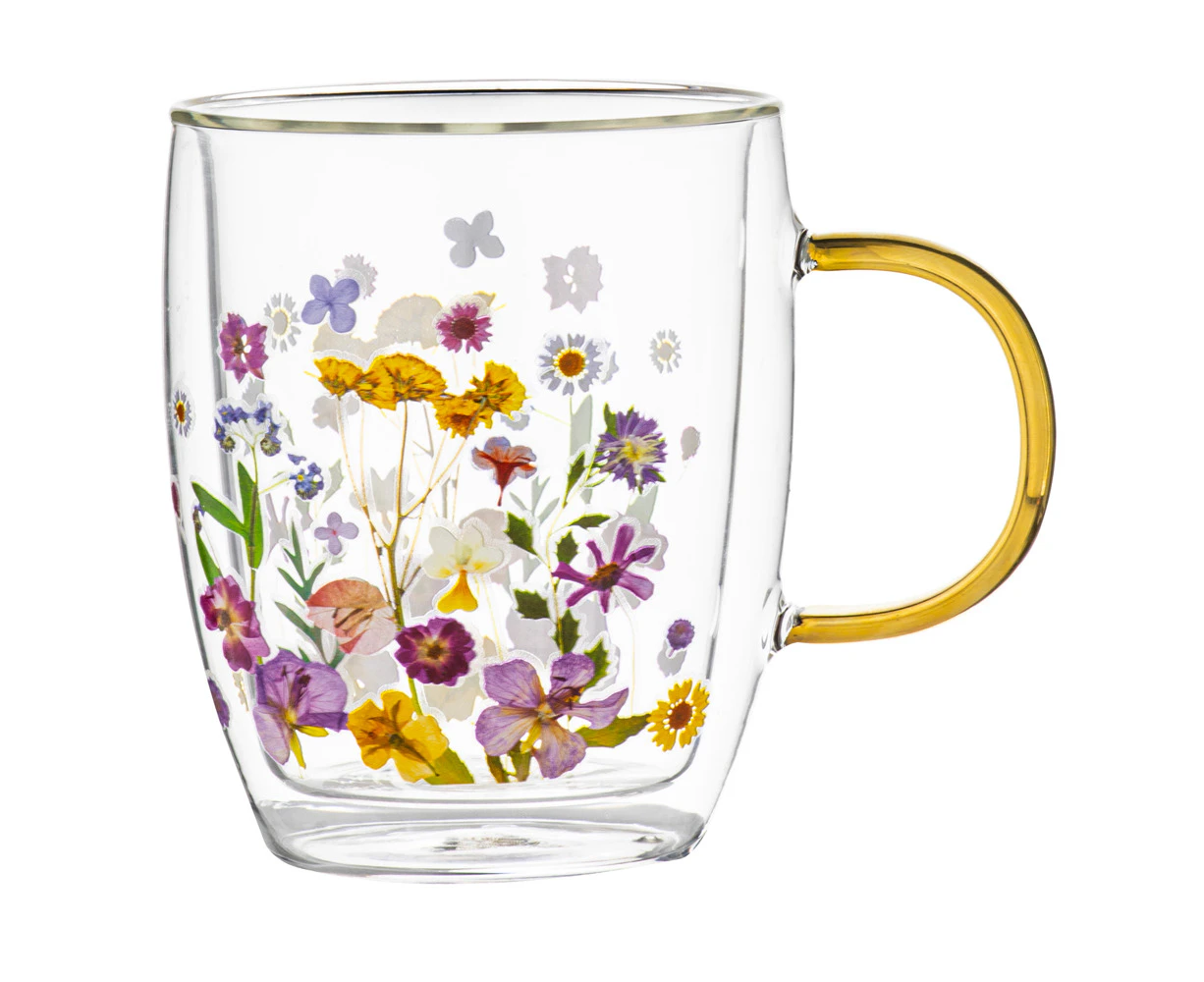 Ashdene Pressed Flowers 350ml Double Walled Glass Mug Coffee Cup w/ Gold Handle