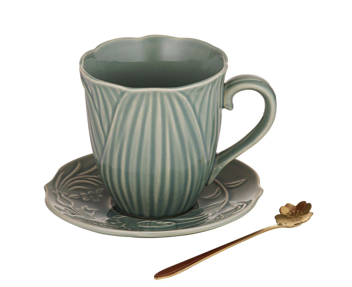 Ashdene Petals Stoneware Mug Saucer & Spoon Gift Set Coffee/Tea Cup Mint Green