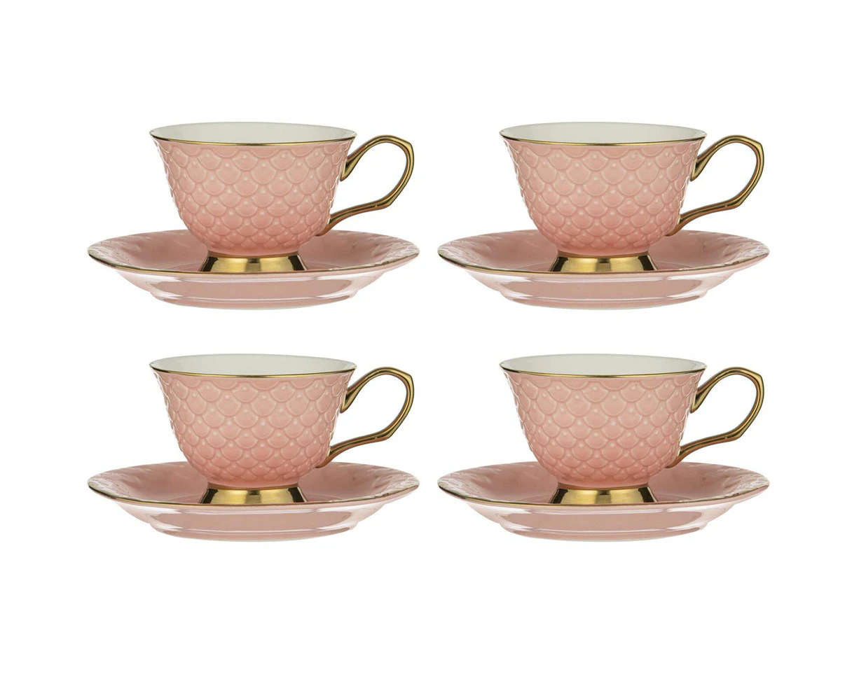 4x Ashdene New Bone China Blush Ripple Cup & Saucer Set Tea/Coffee Mug Pink