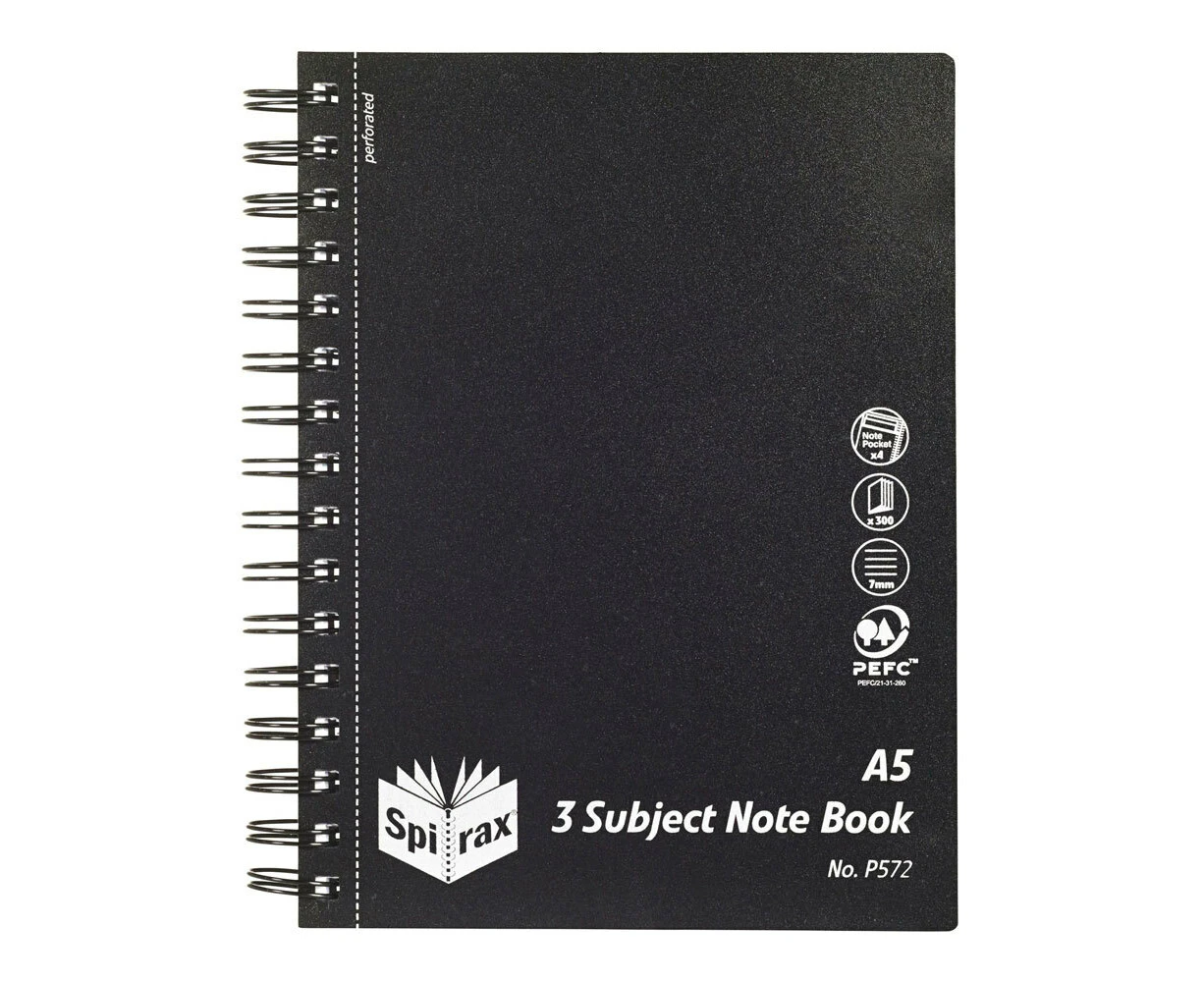 Spirax Black Cover A5 3 Subject 300 Pages Notebook Office/School Stationery BLK