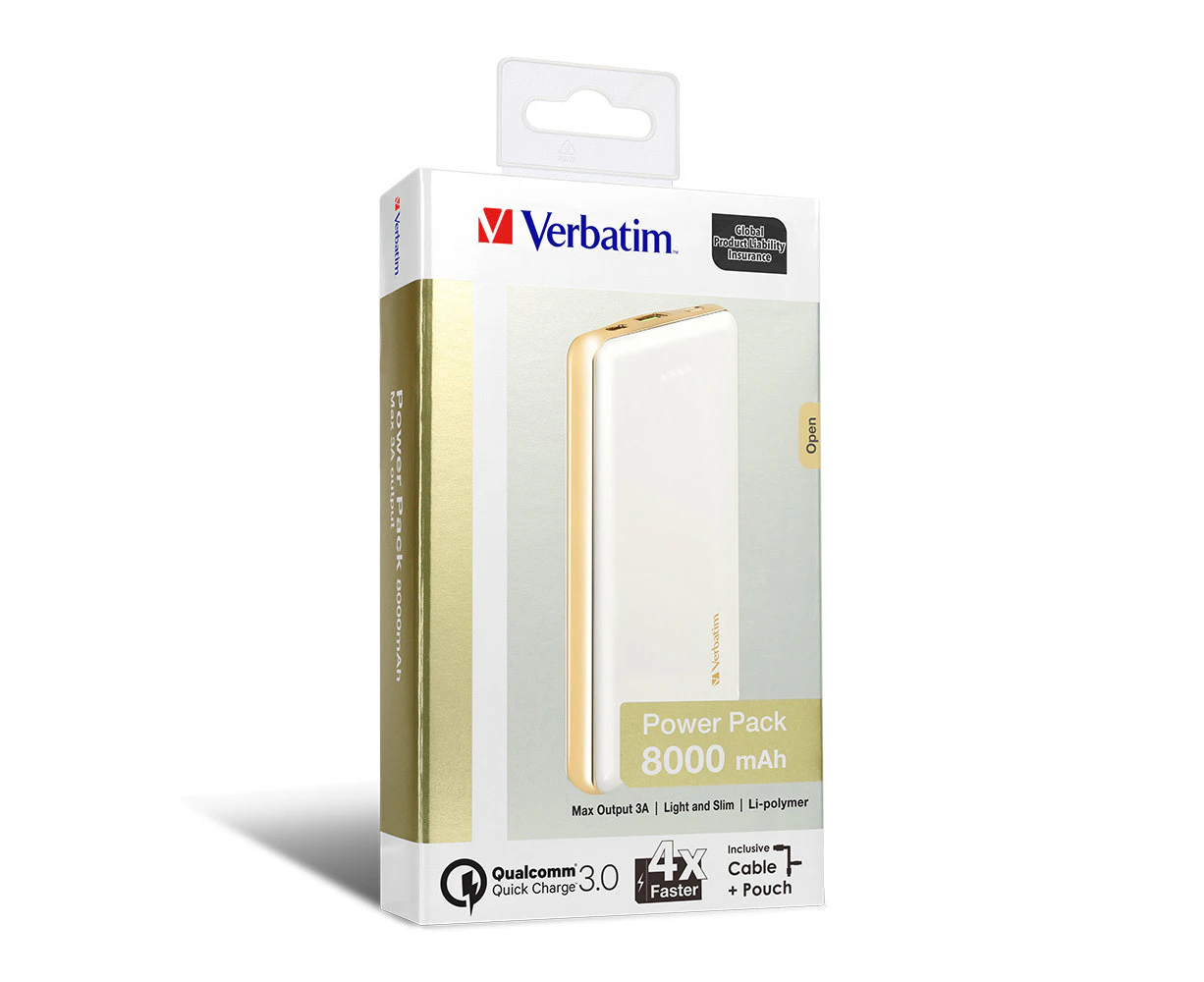 Verbatim QC 3.0 Universal 8000mAh Power Bank External Battery Pack White/Gold