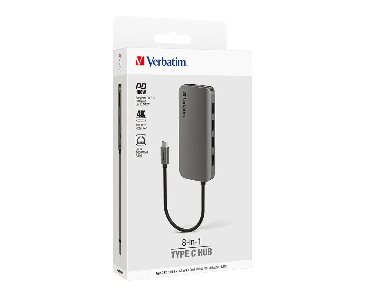 Verbatim 8-in-1 USB-C to HDMI/RJ45/SD/microSD 100W Hub Port For Laptop Grey