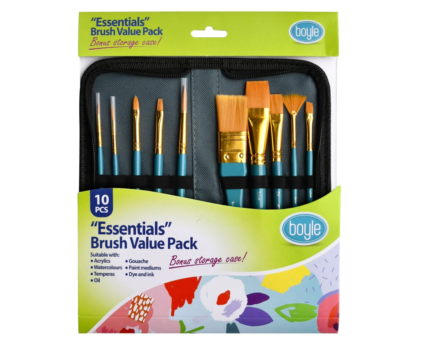 10pc Boyle Essentials Craft Paint Brush w/ Storage Case For Acrylic/Watercolour