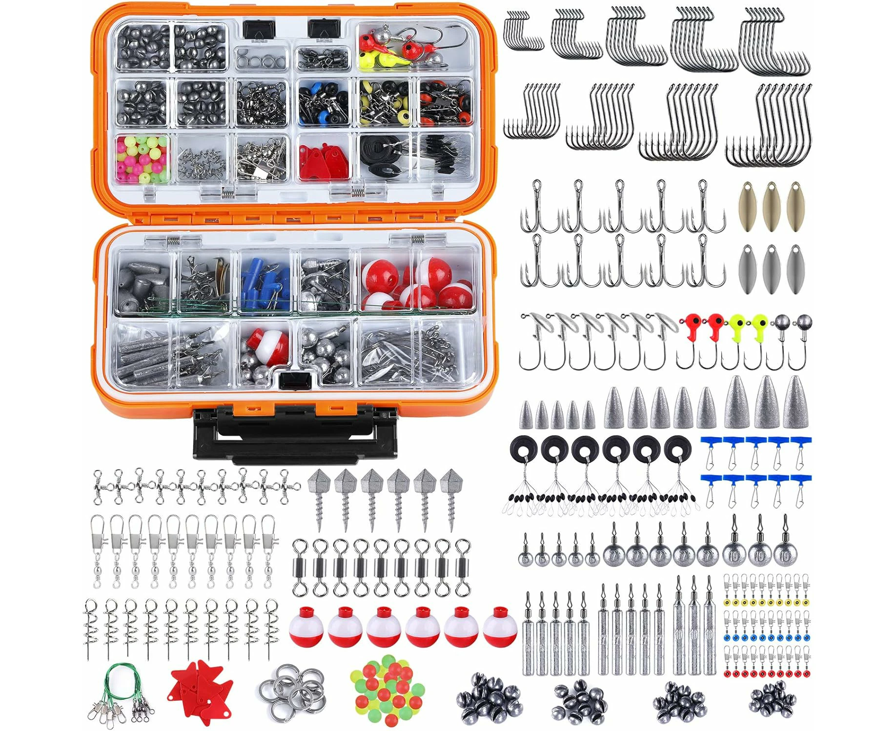 343pcs Fishing Accessories Kit, Including Jig Hooks, Bullet Bass Casting Sinker Weights