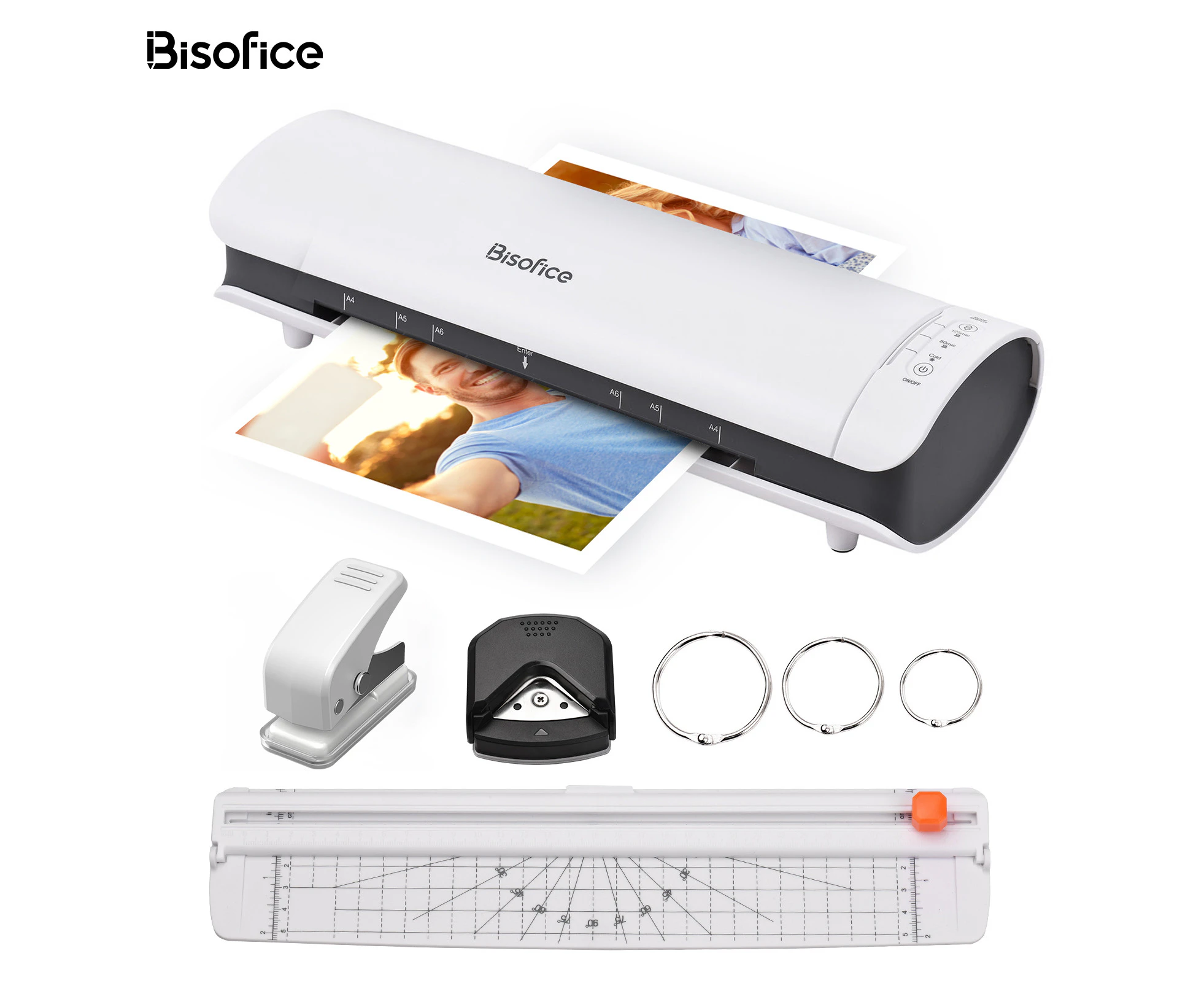 Bisofice SL988 Desktop Laminator Machine Set A4 Size 6IN1 Multifunctional Hot and Cold Lamination 2 Roller System 9 inches Max Width with Paper Cutter Trim