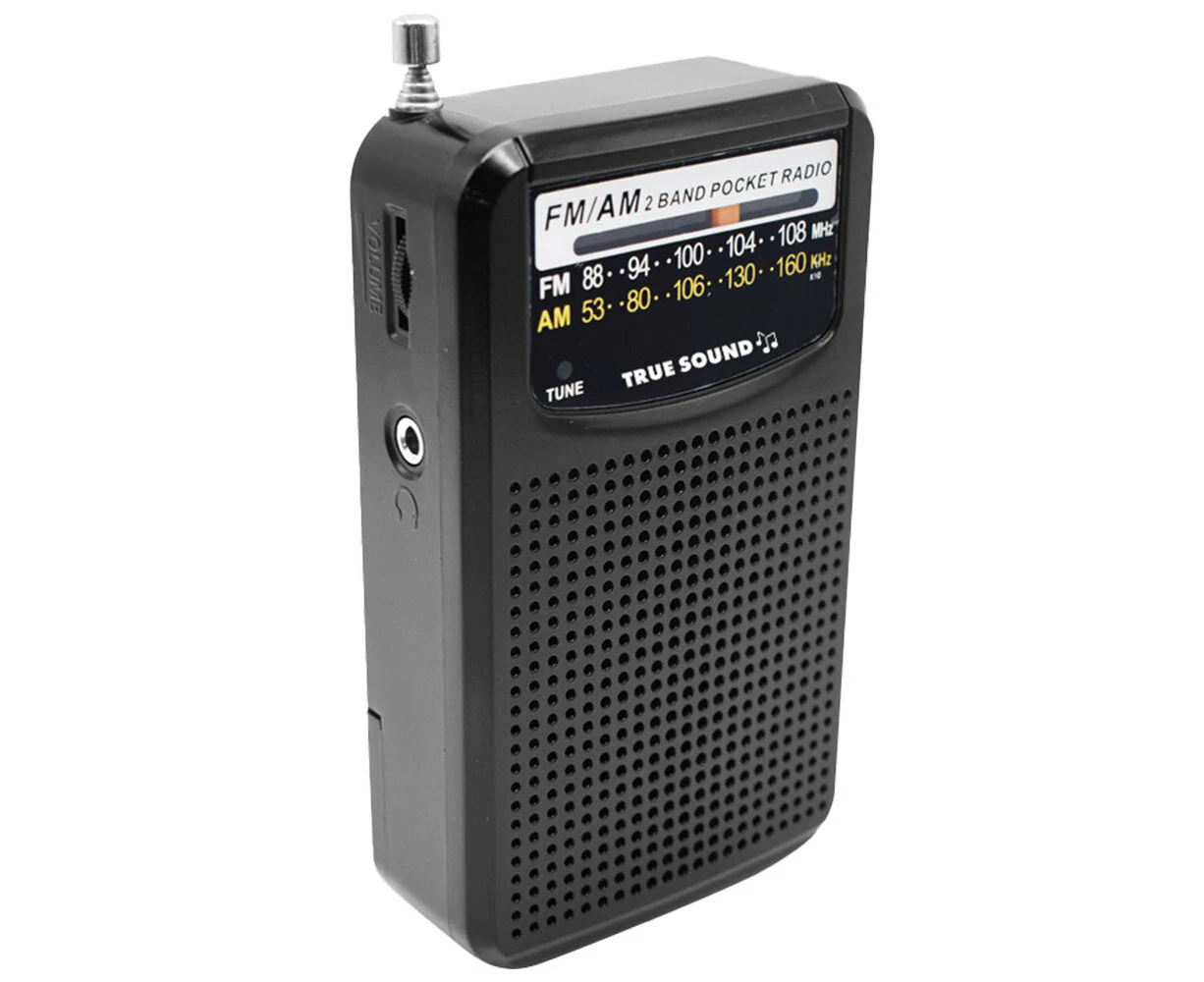 True Sound 2-Band 13cm Portable AM/FM Pocket Radio w/ 3.5mm Headphone Jack Black