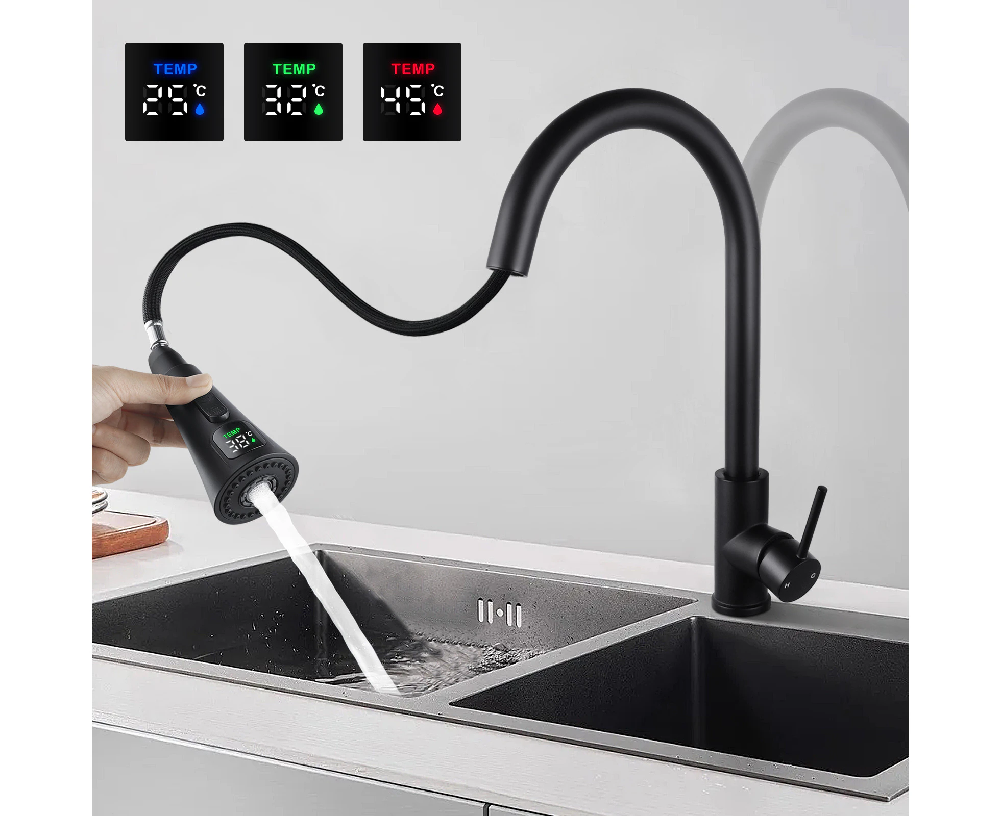 Pull Out Tap Water Temperature Sensor Kitchen Mixer Tap Round Spout Kitchen Laundry Sink Faucet Black