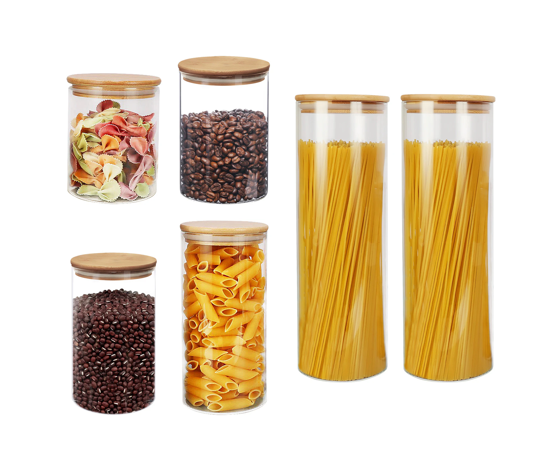 Set of 6pcs Glass Food Storage Jars Clear Glass Containers with Airtight Bamboo Lid Stackable Kitchen Canisters