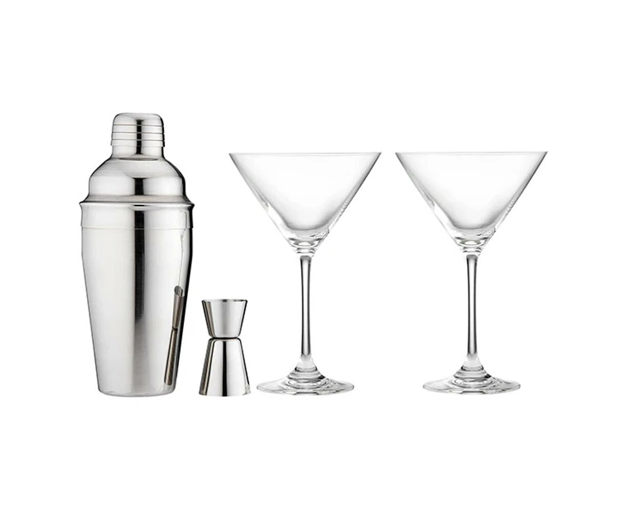 4pc Tempa Aurora Cocktail Drink Glass Set w/Shaker/Jigger/Martini Glasses Silver