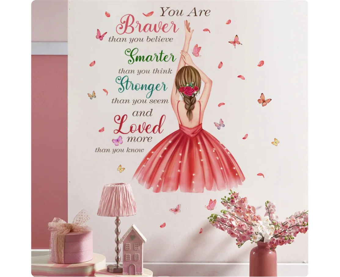 SMARTER BRAVER STRONGER LOVED SLOGAN PINK DANCER SILHOUETTE WOMAN 3D WALL STICKER MURAL ART Decal