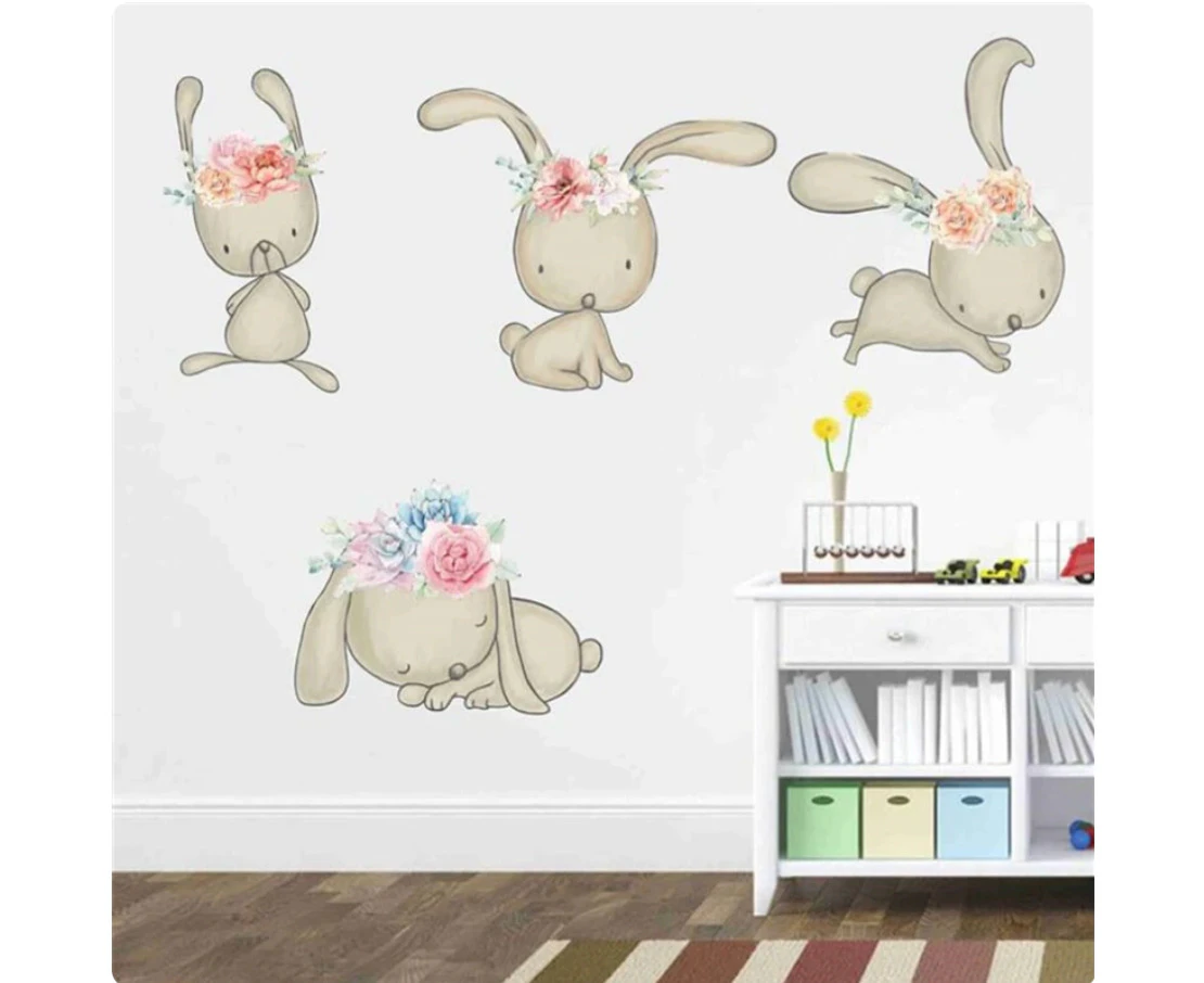 CUTE BUNNY RABBITS WITH FLOWER CROWNS DANCING SLEEPING HOPPING 3D WALL STICKER MURAL ART Decal