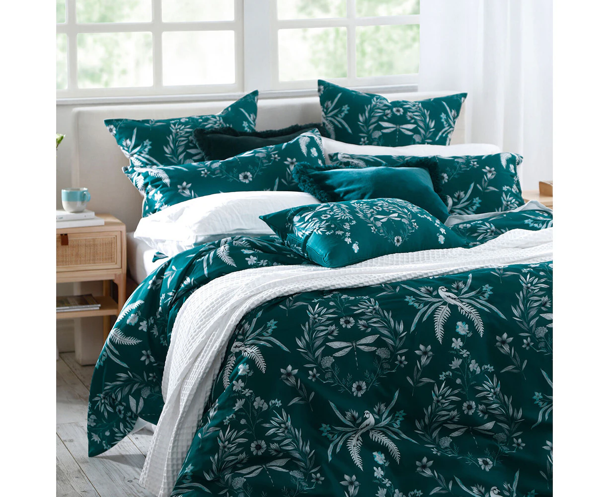 MM Linen Jardin Teal Queen Bed Quilt Cover Set 210x210cm Cotton w/Pillowcase