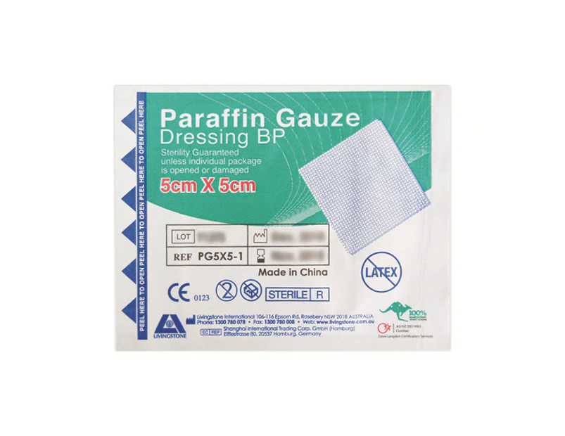 Livingstone Paraffin Gauze Swab Dressings 5 x 5 cm Sterile Single Pack 50 Box