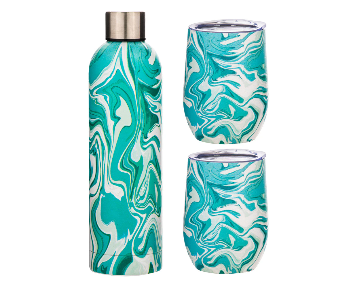 3pc Porta Summer Swirl Stainless Steel Double Wall Insulated Drinkware Set Aqua