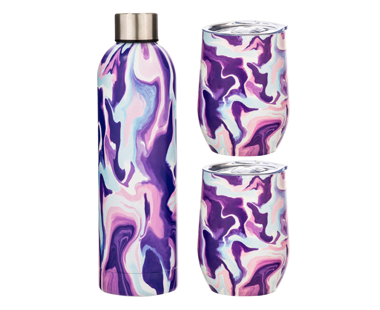 3pc Porta Summer Swirl Stainless Steel Double Wall Insulated Drinkware Set PRPL