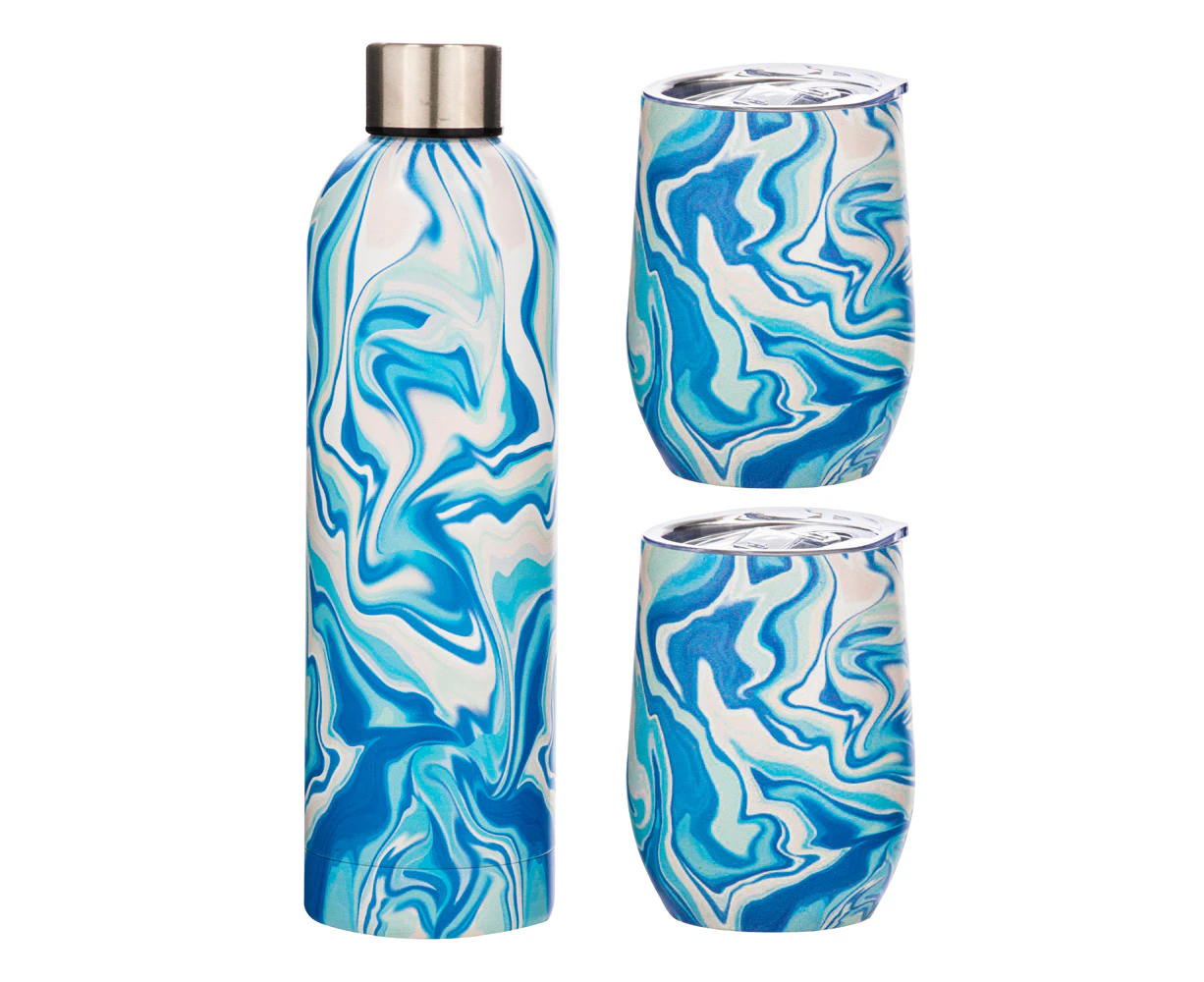 3pc Porta Summer Swirl Stainless Steel Double Wall Insulated Drinkware Set Blue