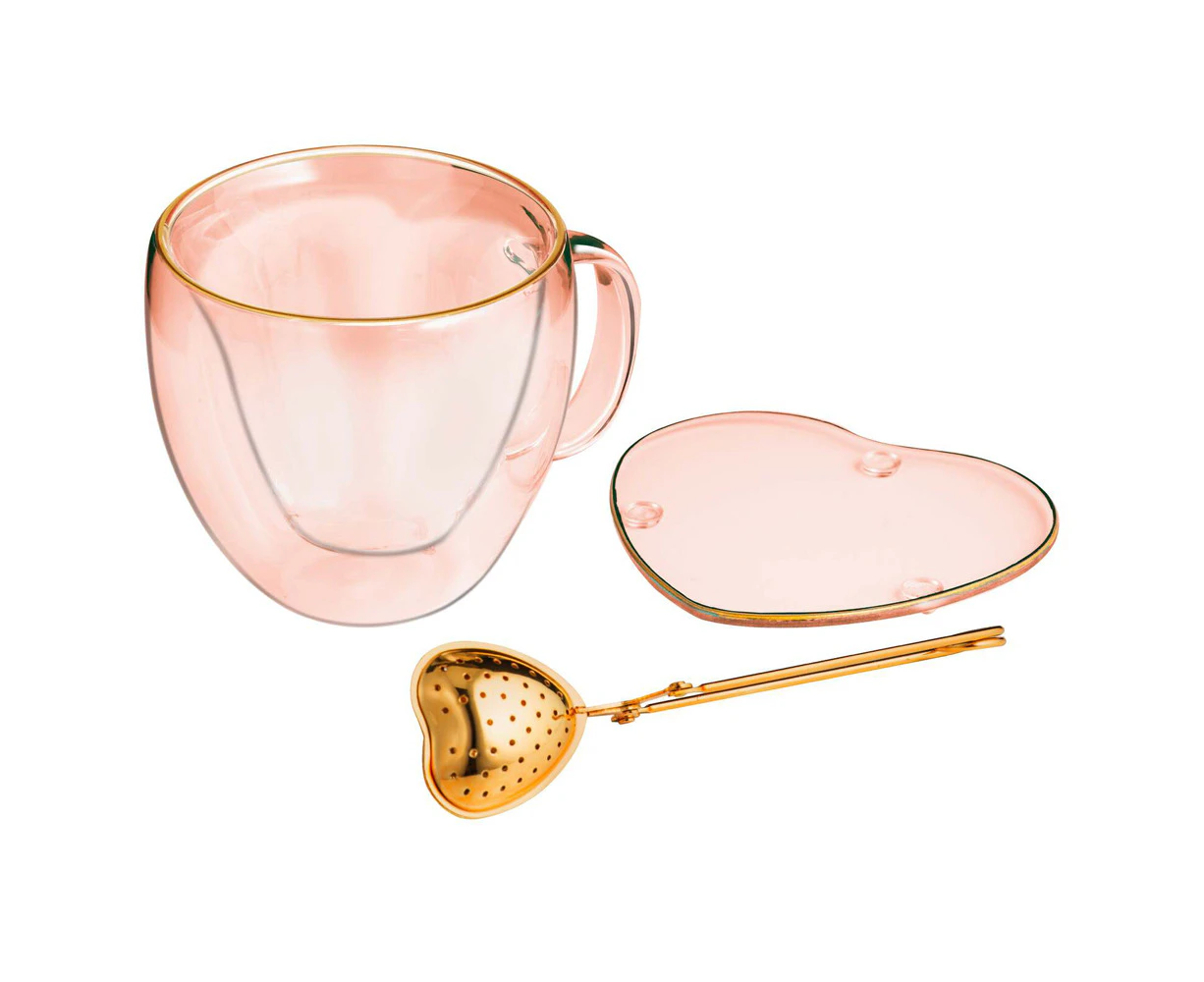 3pc Tempa Amour Gold Rim Heart Tea Set 305ml Drinking Cup/Infuser/Saucer Pink