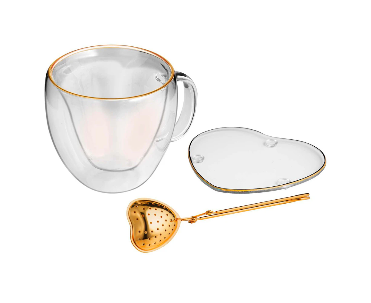 3pc Tempa Amour Gold Rim Heart Tea Set 305ml Drinking Cup/Infuser/Saucer Clear