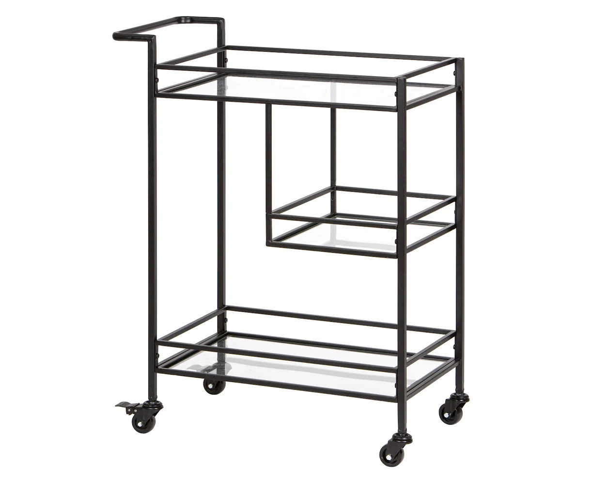 Tempa Bradley 86cm Iron/Glass Bar Cart Drink Storage Serving Trolley Rack Black