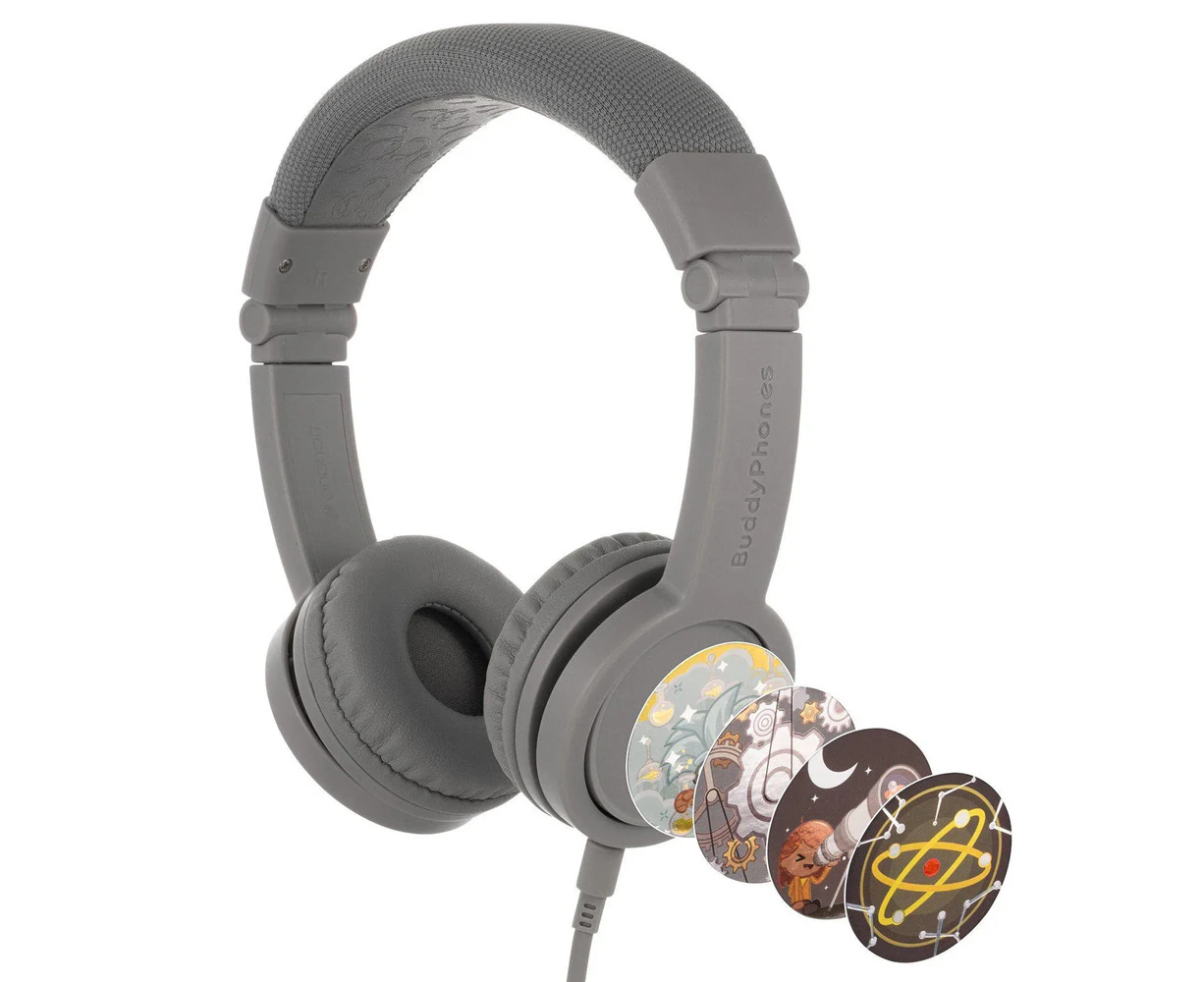 BuddyPhones Explore Plus Kids Wired Headphones/Headset w/ Stickers Grey Matter