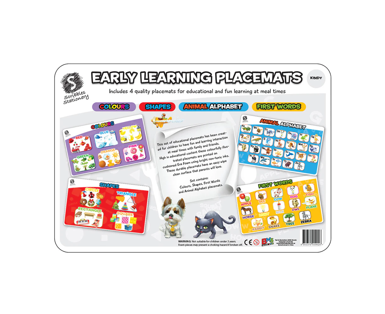 4pc Scribbles Stationery Kindy Early Learning Educational Placemat Set Kids 3+