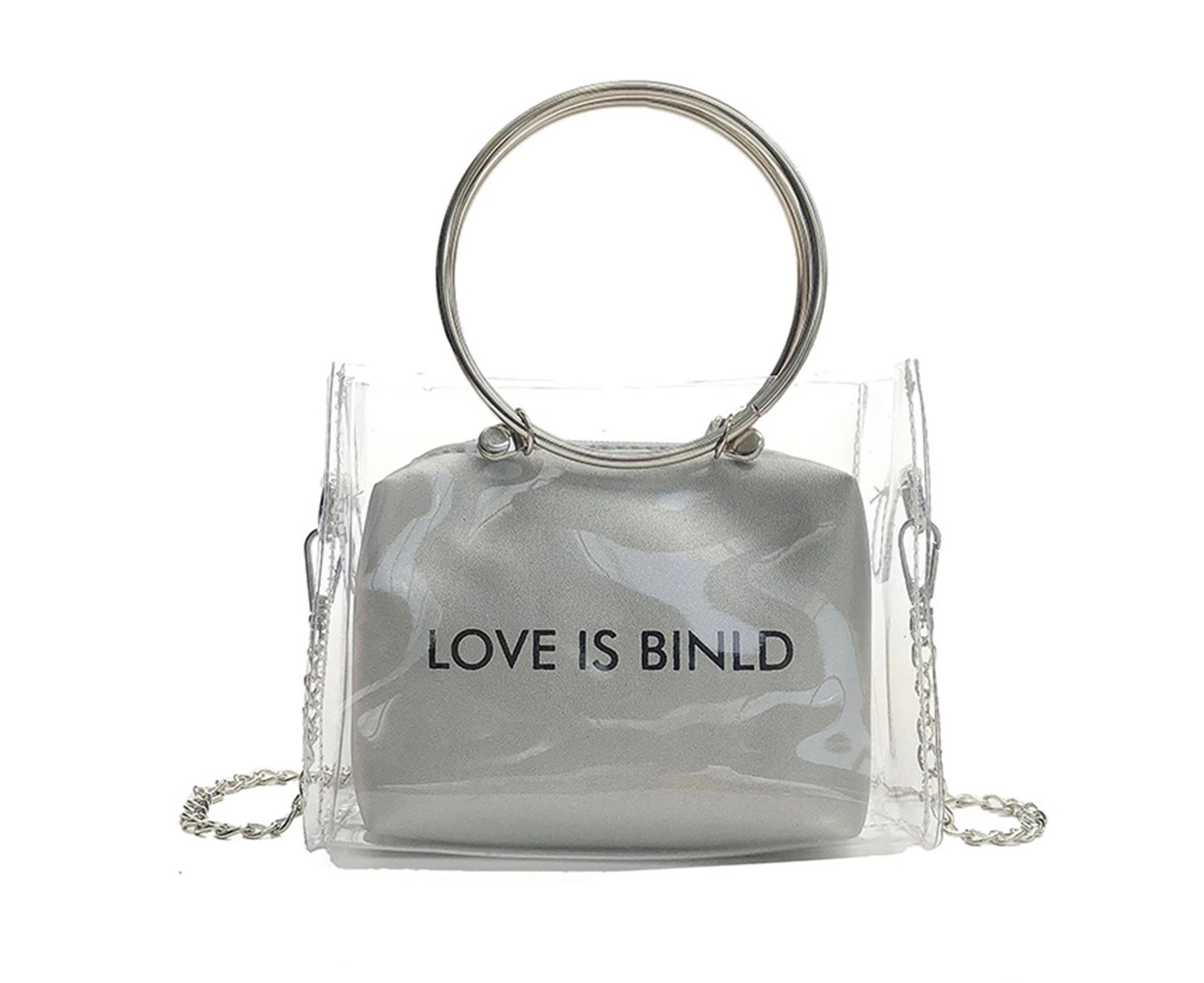 Handbag Hand Bag Chain Strap Handle PVC Single Shoulder Purse for Beach Party Travel Transparent Silver 17x13x8cm / 6.69x5.12x3.15in