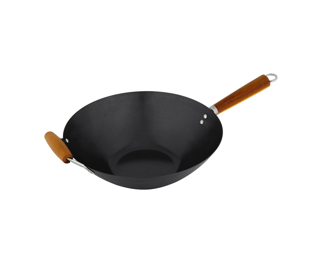 Cuisena 35cm Carbon Steel Stir Fry Wok Non Stick Cooking Pan w/ Acacia Handle