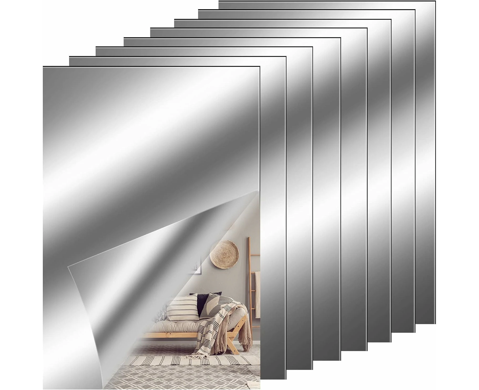 8 pieces mirror film self-adhesive mirror, flexible adhesive mirror, non-glass mirror tiles, self-adhesive tile mirror wall sticker for 4 x 6 inches