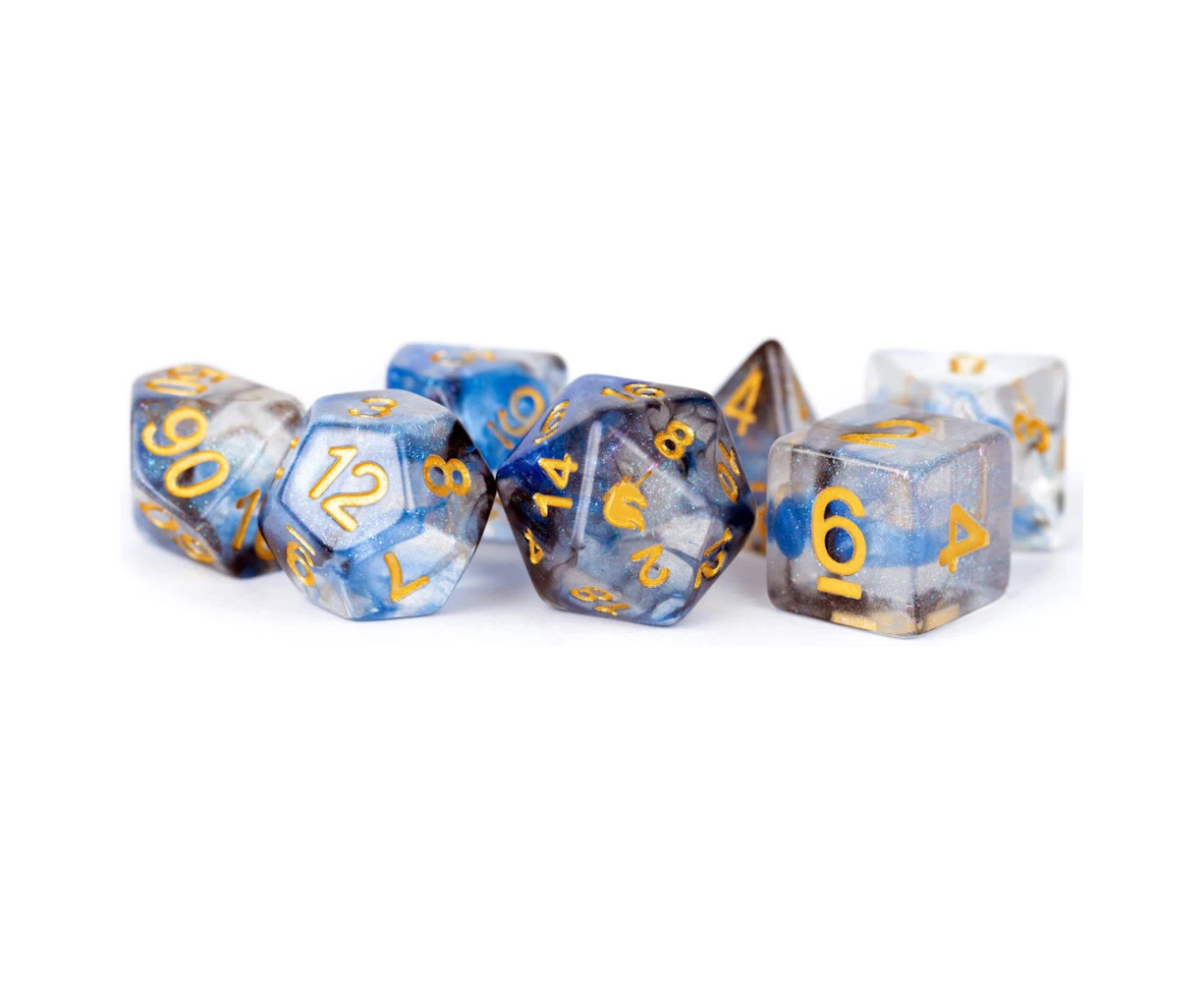 7pc Fanroll by Metallic MDG Unicorn Resin Polyhedral RPG Dice Set Arctic Storm