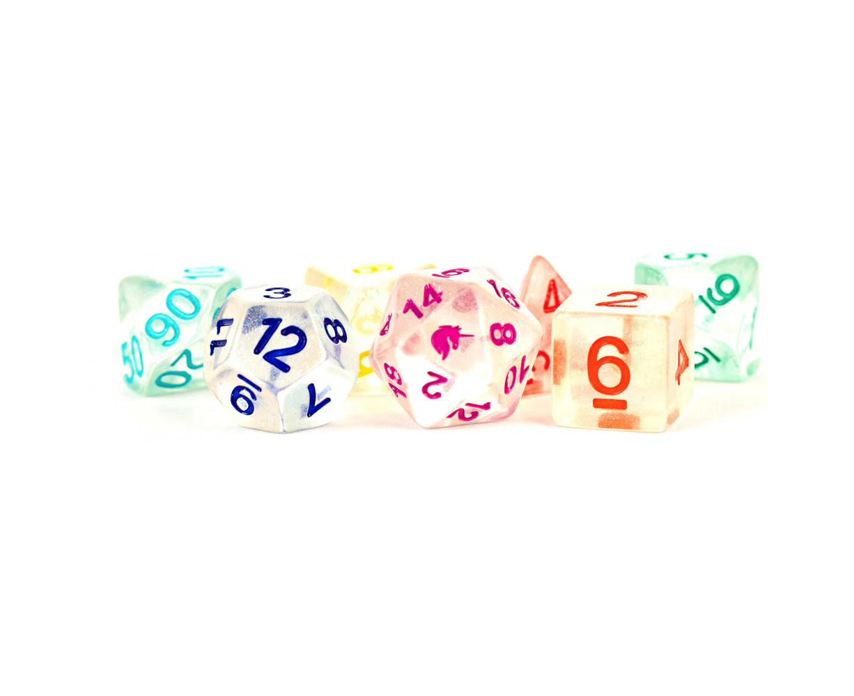 7pc Fanroll by Metallic MDG Unicorn Resin Rainbow Ice Polyhedral RPG Dice Set