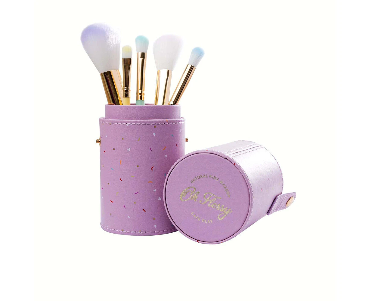 5pc Oh Flossy Rainbow Soft Makeup/Cosmetic Round/Shadow Brush And Case Set 3y+