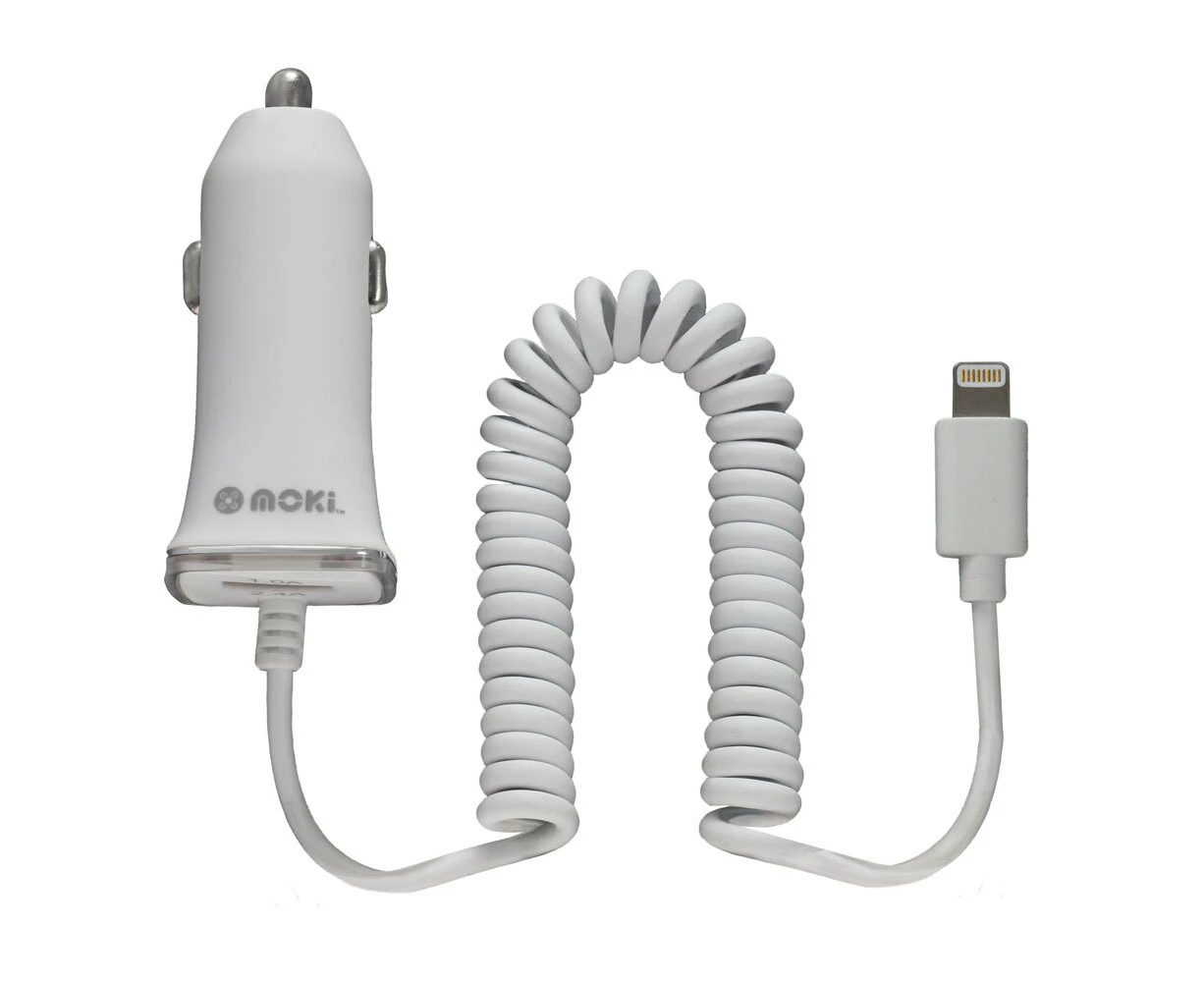 Moki 4ft Coiled Lightning MFI-Certified Cable Car Charger w/USB Port for iPhone