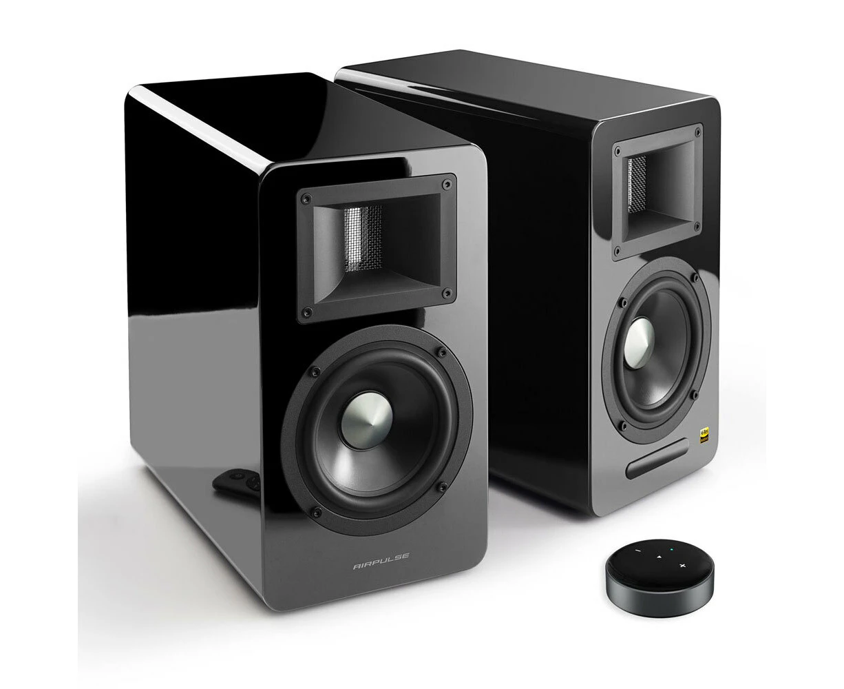 Airpulse A100 Active Wireless Bookshelf Speakers and WiiM Mini Streamer Black