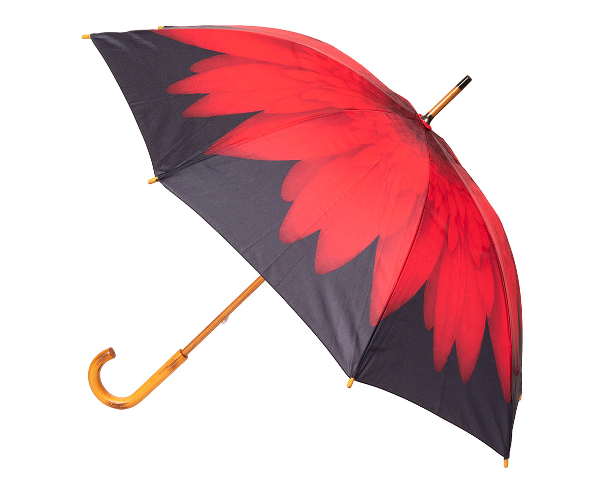 Clifton Women's Walking 103cm Wood Handle Windproof Umbrella Sun Shade Red Daisy