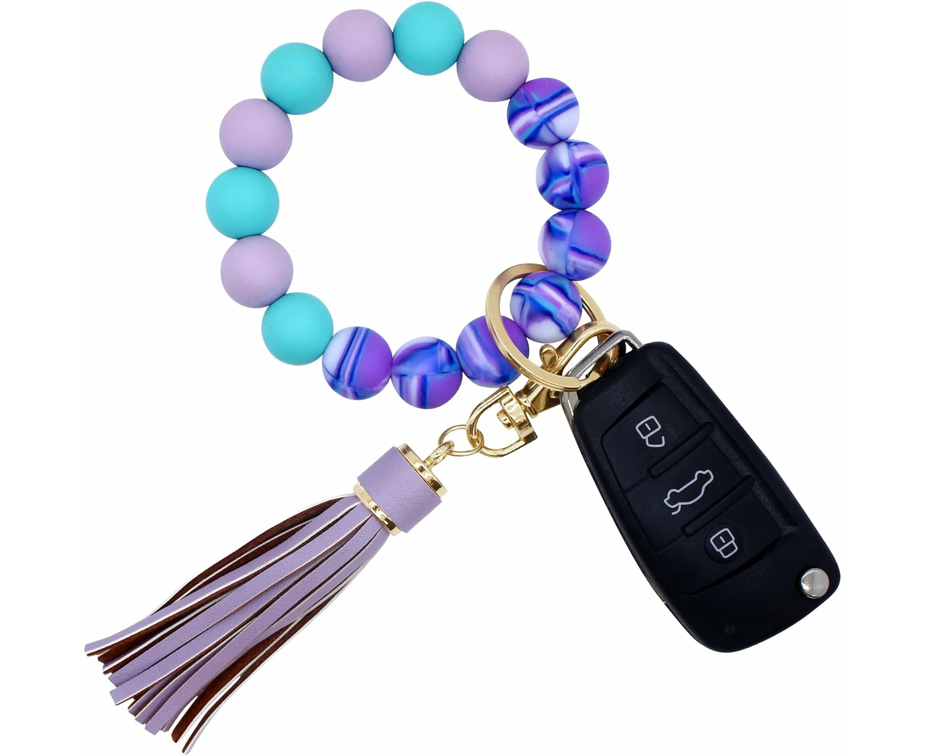 Silicone Key Ring Bracelet Beaded Wrislet Keychain Portable House Car Keys Ring Holder Key Ring Bangle Chains Silicone Beaded Keyring with Leather Tassel