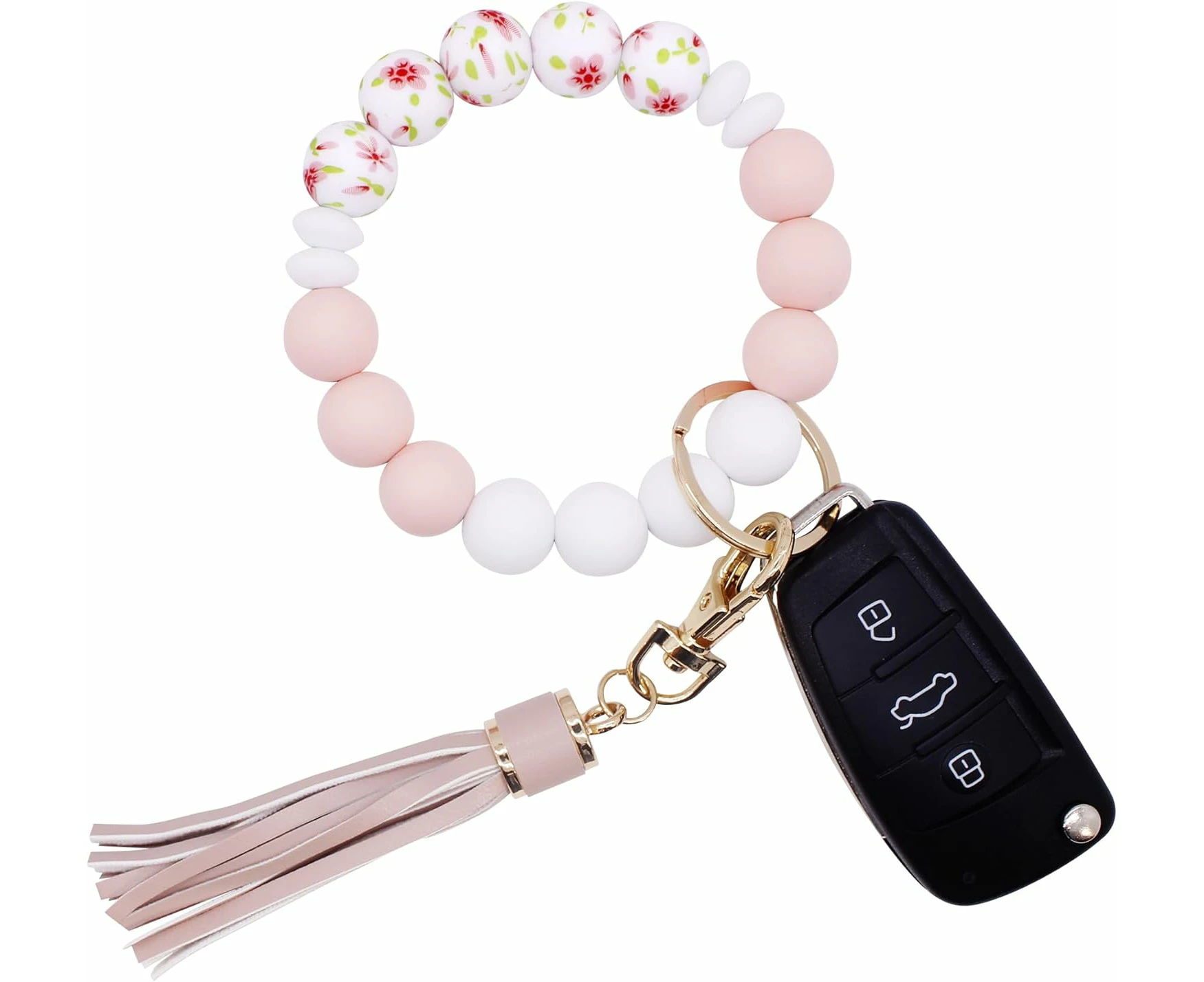 Silicone Key Ring Bracelet Wrist for Women Silicone Wristlet Keychains Bead Keyring Bracelets Wristlet Keys Chain with Leather Tassel