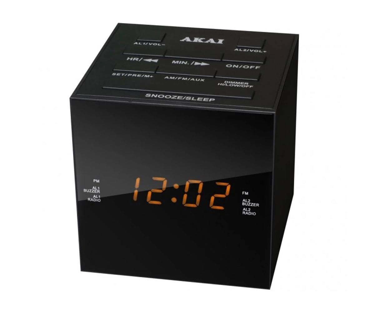 Akai Cube Alarm Clock Radio AM/FM LED Dimmer Speakers USB Charging Port Black