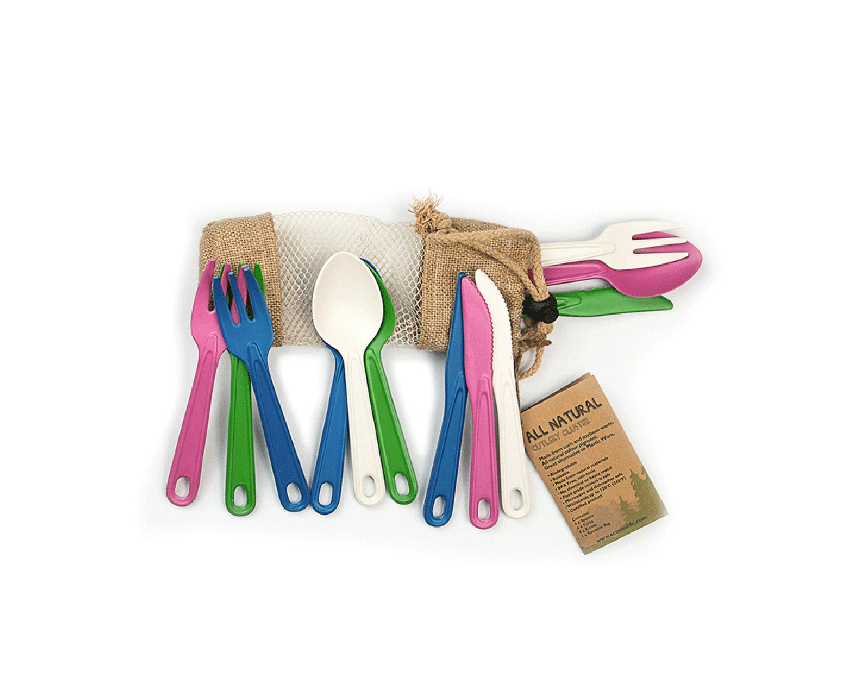 12pc Eco Soulife All Natural Reusable Cutlery Cluster Set Green,Navy,Sand,Pink