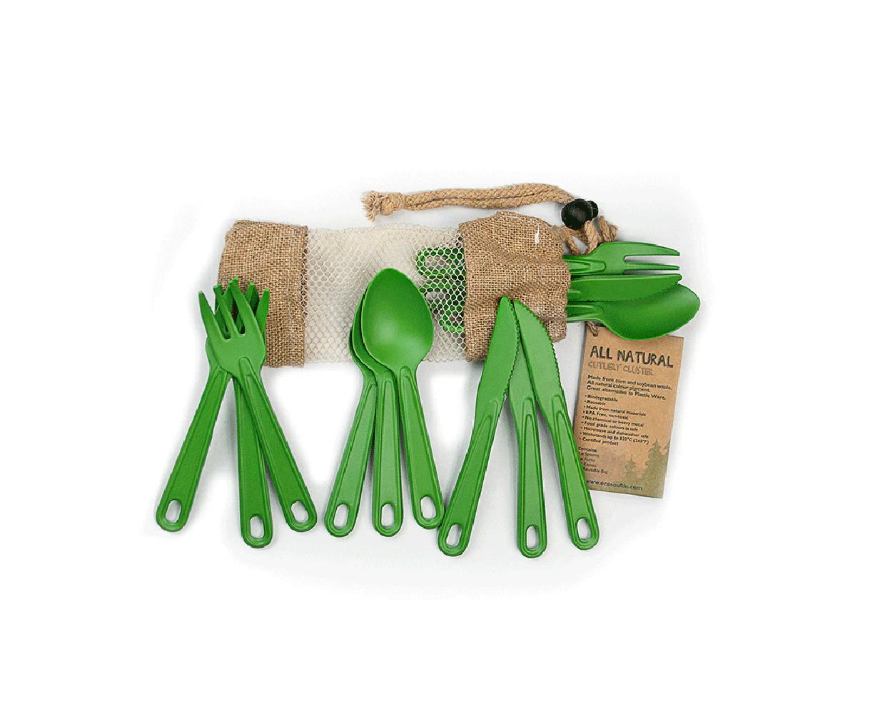 12pc Eco Soulife All Natural Outdoors Camping Reusable Cutlery Cluster Green