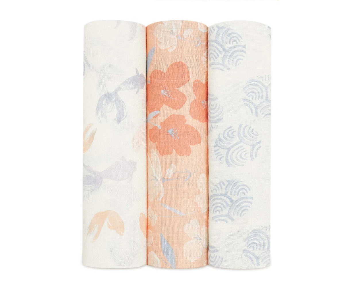 3PK Aden Anais Koi Pond 120x120cm Silky Soft Muslin Baby/Infant Swaddle Blanket