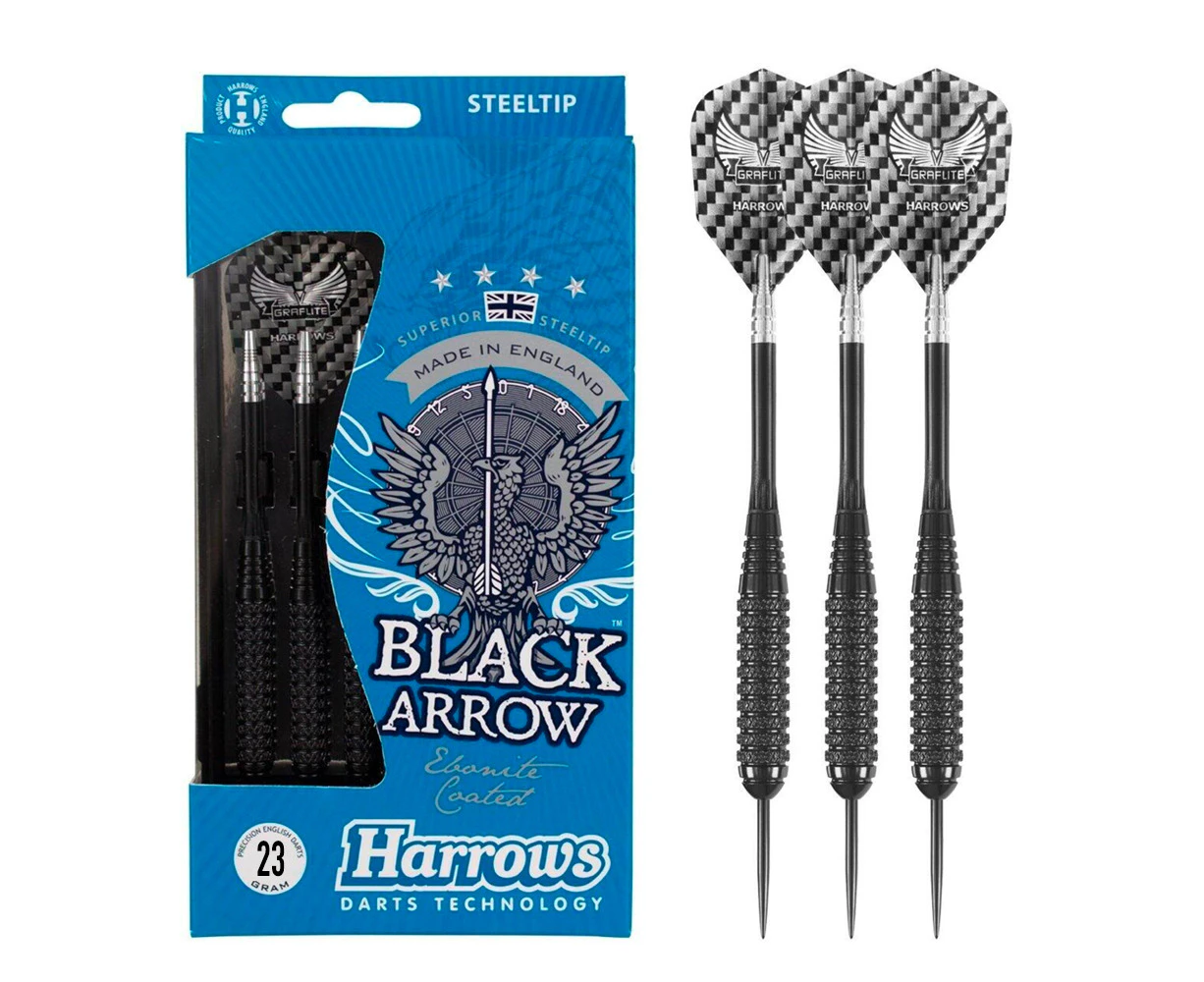 3pc Harrows 23g Precision Black Arrow Brass Steel Tip Darts w/Flight/Stem/Casing