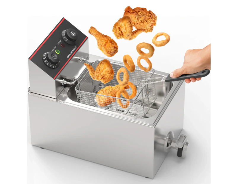 Advwin Electric Deep Fryer, 8L Frying Machine with Drain Valve, 60-200 Degree Oil Temperature & Timer, 2500W Stainless Steel Single Tank Deep Fryer