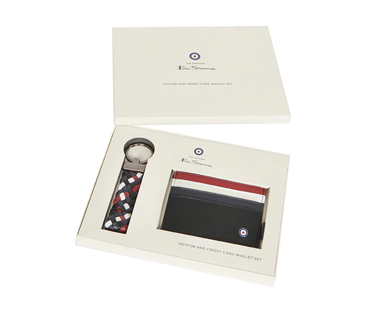 Ben Sherman 10cm Men's Leather Credit Card Wallet & Keyring Holder Navy/Red