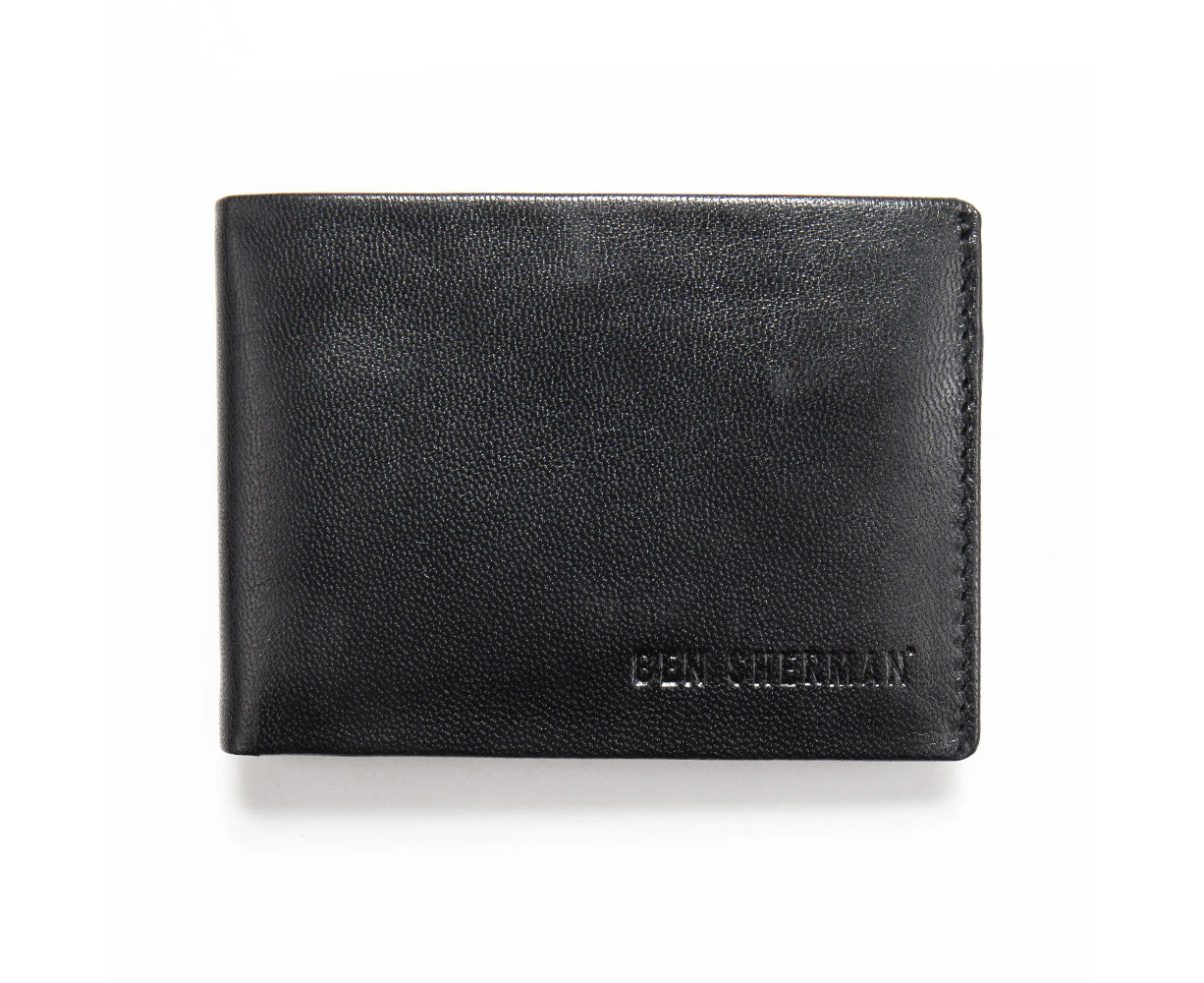 Ben Sherman Men's Leather Trifold Wallet Money/Cash Holder w/ ID Window Black