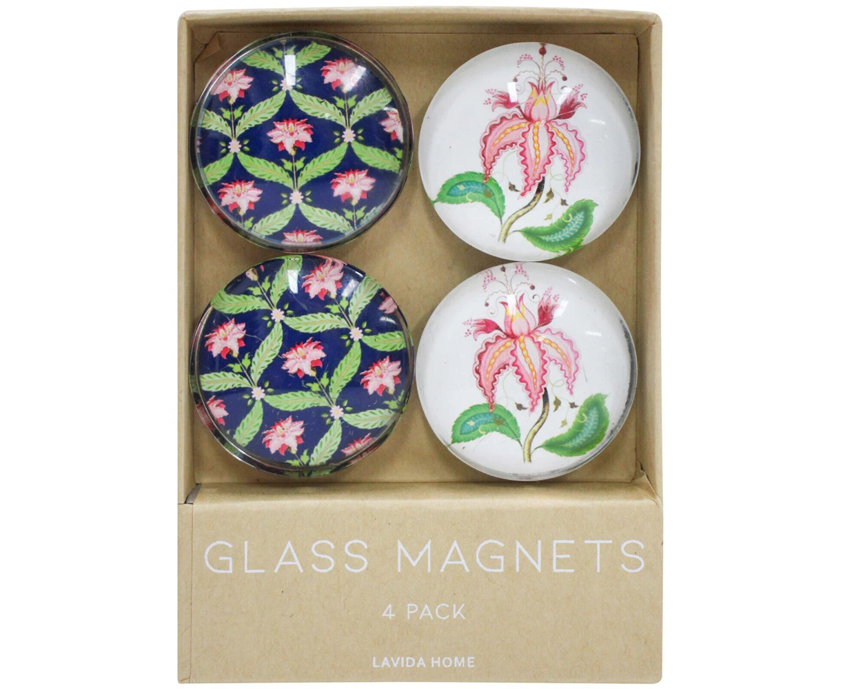 4pc LVD Heavenly Flower Large Glass 13.5cm Fridge Magnet Decorative Round Set