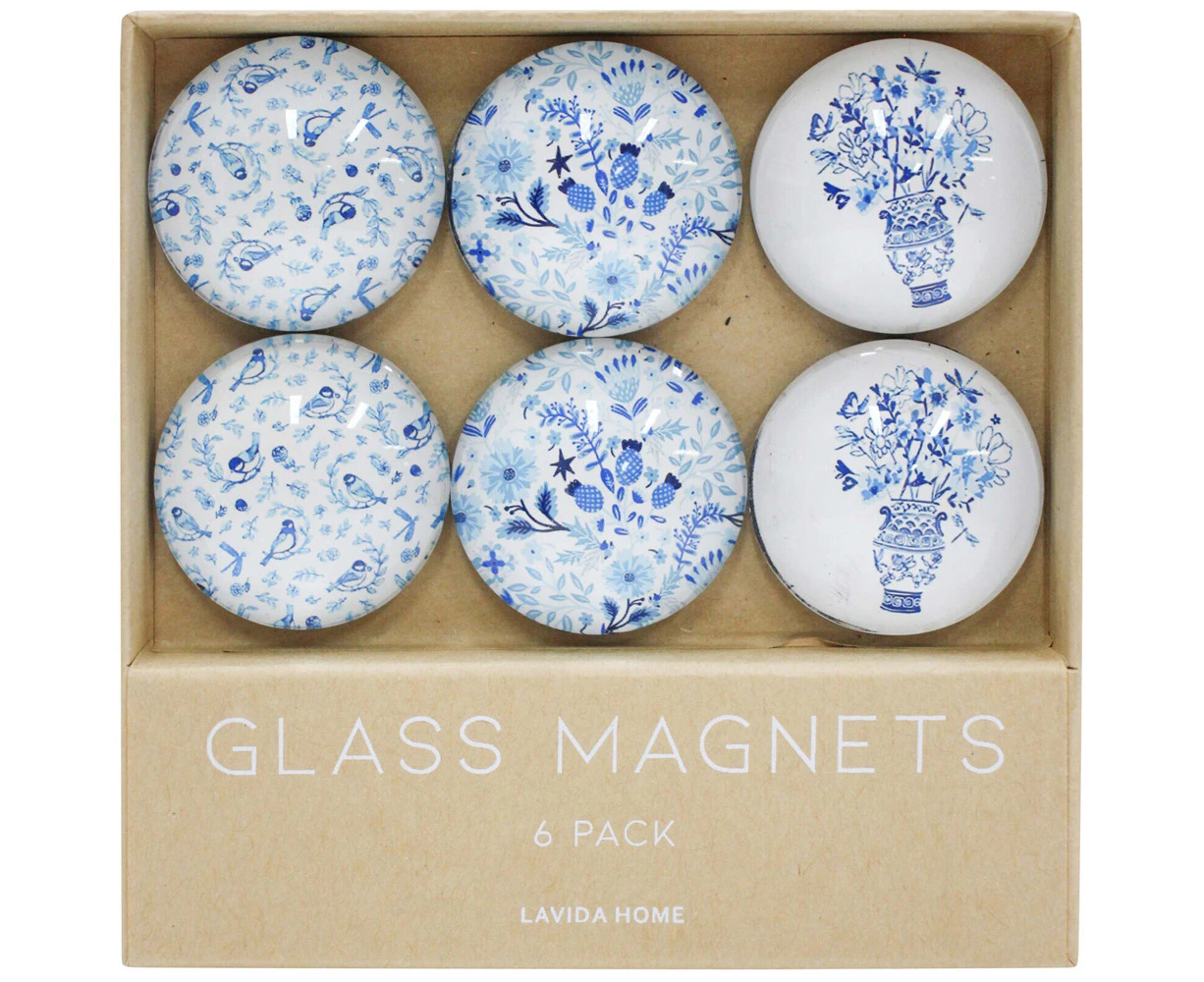 6pc LVD French Blue Glass 11.5cm Fridge Magnet/Magnetic Decorative Round Set