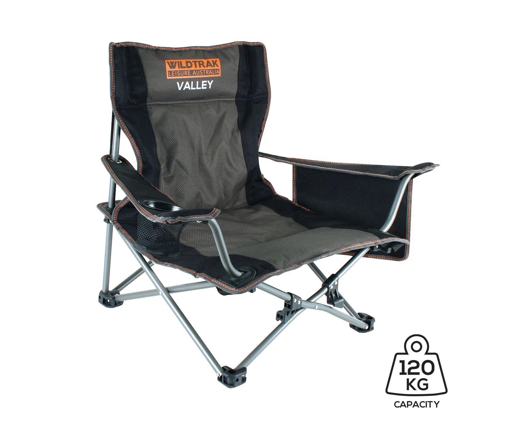 Wildtrak Valley 81x60cm Event Chair Outdoor Beach Seat w/ Cup Holder Grey/Black